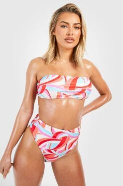 BOOHOO Abstract Print Bandeau High Waist Bikini Set -Sea Vibe Together female multi abstract print bandeau high waist bikini set 2