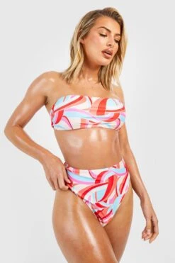 BOOHOO Abstract Print Bandeau High Waist Bikini Set
