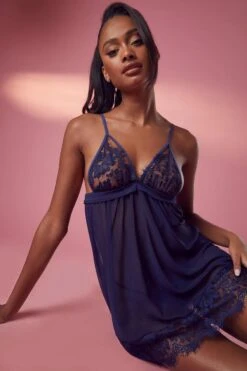 BOOHOO Eyelash Lace Strapping Babydoll -Sea Vibe Together female navy eyelash lace strapping babydoll 2