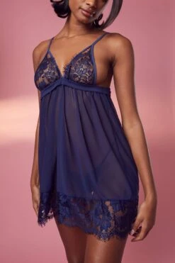 BOOHOO Eyelash Lace Strapping Babydoll -Sea Vibe Together female navy eyelash lace strapping babydoll 3