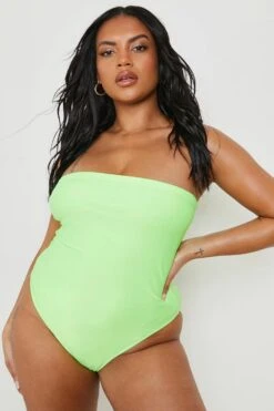 BOOHOO Plus Neon Essentials Bandeau Swimsuit -Sea Vibe Together female neon lime plus neon essentials bandeau swimsuit 2