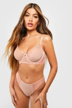 BOOHOO Fuller Bust Lace Trim Mesh Underwire Bra -Sea Vibe Together female nude fuller bust lace trim mesh underwire bra 3