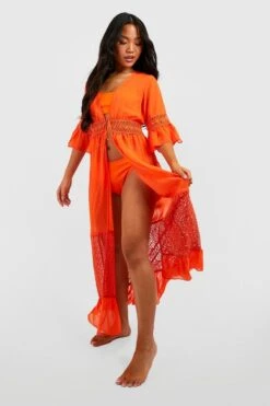 BOOHOO Petite Chiffon Lace Trim Frill Tie Waist Beach Kimono