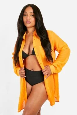 BOOHOO Plus Longline Chiffon Beach Shirt 6 BOOHOO Plus Longline Chiffon Beach Shirt -Sea Vibe Together female orange plus longline chiffon beach shirt 2