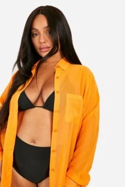 BOOHOO Plus Longline Chiffon Beach Shirt 7 BOOHOO Plus Longline Chiffon Beach Shirt -Sea Vibe Together female orange plus longline chiffon beach shirt 3