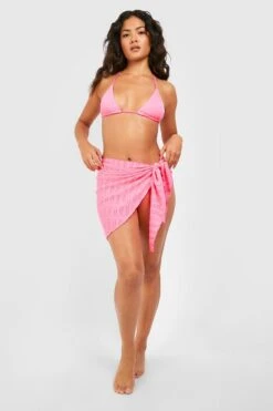 BOOHOO 3 Pack Textured Padded Triangle Bikini Set & Sarong -Sea Vibe Together female pink 3 pack textured padded triangle bikini set sarong 2