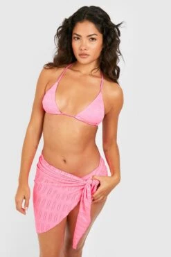 BOOHOO 3 Pack Textured Padded Triangle Bikini Set & Sarong