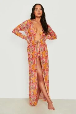 BOOHOO Petite 70S Floral Print Kimono -Sea Vibe Together female pink petite 70s floral print kimono 2