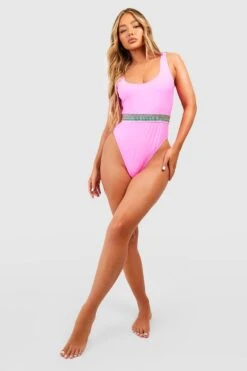 BOOHOO Stripe Tape Trim Scoop Swimsuit -Sea Vibe Together female pink stripe tape trim scoop swimsuit 2