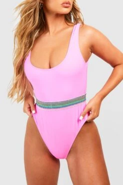 BOOHOO Stripe Tape Trim Scoop Swimsuit -Sea Vibe Together female pink stripe tape trim scoop swimsuit 3
