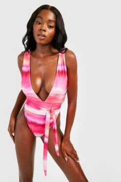 BOOHOO Tie Dye Belted Plunge Swimsuit
