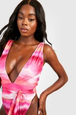 BOOHOO Tie Dye Belted Plunge Swimsuit -Sea Vibe Together female pink tie dye belted plunge swimsuit 3