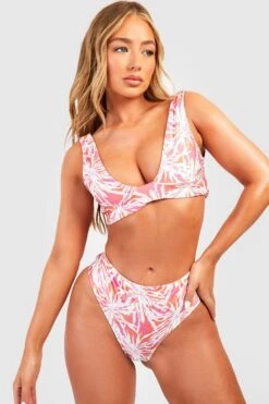 BOOHOO Tropical High Waisted Plunge Bikini Set