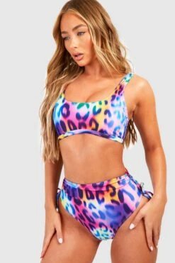 BOOHOO Leopard Longline Scoop Bikini Top -Sea Vibe Together female purple leopard longline scoop bikini top 2