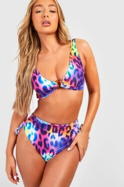 BOOHOO Tummy Control Leopard Ruched Bikini Brief -Sea Vibe Together female purple tummy control leopard ruched bikini brief 2