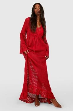 BOOHOO Lace Crochet Frill Hem Maxi Beach Dress 6 BOOHOO Lace Crochet Frill Hem Maxi Beach Dress -Sea Vibe Together female red lace crochet frill hem maxi beach dress 2