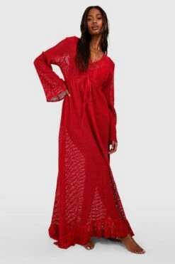 BOOHOO Lace Crochet Frill Hem Maxi Beach Dress