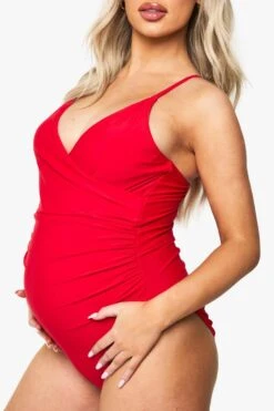 BOOHOO Maternity Bump Control Wrap Over Swimsuit -Sea Vibe Together female red maternity bump control wrap over swimsuit 3