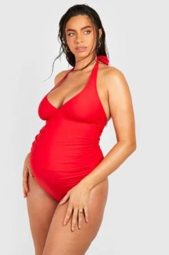 BOOHOO Maternity Halter Tankini -Sea Vibe Together female red maternity halter tankini 2