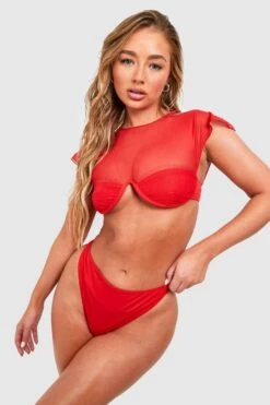 BOOHOO Textured Mesh Overlay Underwired Bikini Top