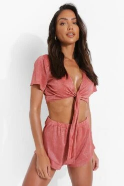 BOOHOO Glitter Tie Front Beach Top