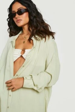 BOOHOO Crinkle Collared Beach Shirt -Sea Vibe Together female sage crinkle collared beach shirt 3