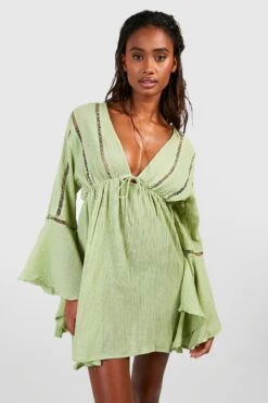 BOOHOO Tie Detail Frill Sleeve Beach Mini Dress 6 BOOHOO Tie Detail Frill Sleeve Beach Mini Dress -Sea Vibe Together female sage tie detail frill sleeve beach mini dress 2