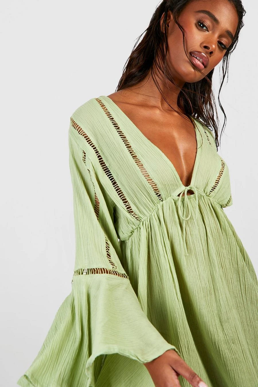 BOOHOO Tie Detail Frill Sleeve Beach Mini Dress 4 BOOHOO Tie Detail Frill Sleeve Beach Mini Dress - Image 4