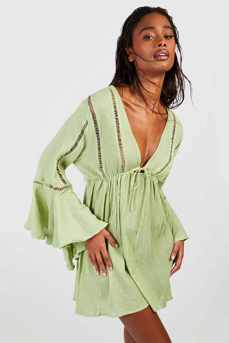 BOOHOO Tie Detail Frill Sleeve Beach Mini Dress 1 BOOHOO Tie Detail Frill Sleeve Beach Mini Dress