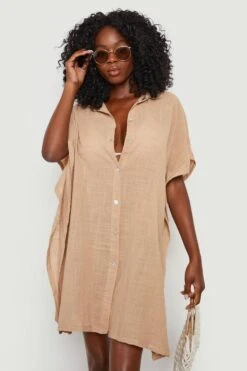 BOOHOO Linen Look Button Front Batwing Beach Kaftan Shirt -Sea Vibe Together female sand linen look button front batwing beach kaftan shirt 2