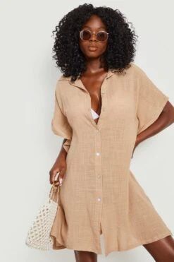 BOOHOO Linen Look Button Front Batwing Beach Kaftan Shirt