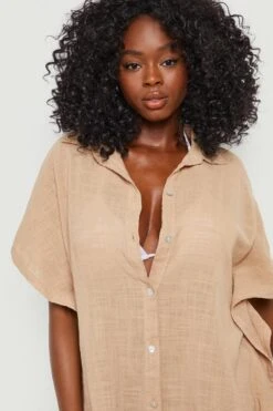 BOOHOO Linen Look Button Front Batwing Beach Kaftan Shirt -Sea Vibe Together female sand linen look button front batwing beach kaftan shirt 3