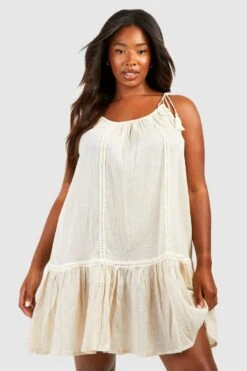 BOOHOO Plus Cheesecloth Ruffle Mini Beach Dress -Sea Vibe Together female stone plus cheesecloth ruffle mini beach dress 2