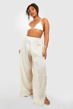 BOOHOO Plus Textured Pom Pom Split Beach Pants
