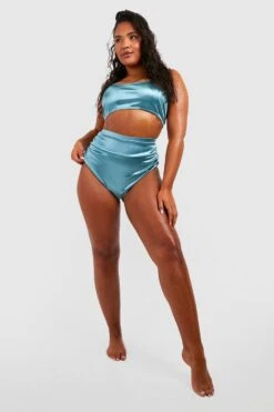 BOOHOO Plus Satin Ruched High Waisted Bikini Brief 6 BOOHOO Plus Satin Ruched High Waisted Bikini Brief -Sea Vibe Together female teal plus satin ruched high waisted bikini brief 2