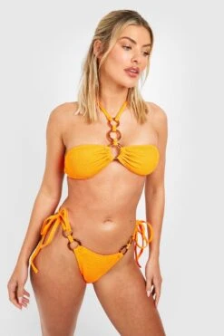BOOHOO Crinkle O-Ring Detail Halter Bikini Top