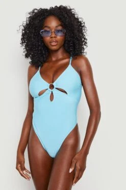 BOOHOO Strap Detail Cut Out Placement Swimsuit -Sea Vibe Together female turquoise strap detail cut out placement swimsuit 3