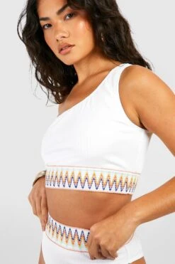 BOOHOO Aztec Tape One Shoulder Rib Bikini Top -Sea Vibe Together female white aztec tape one shoulder rib bikini top 2