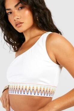 BOOHOO Aztec Tape One Shoulder Rib Bikini Top -Sea Vibe Together female white aztec tape one shoulder rib bikini top 3