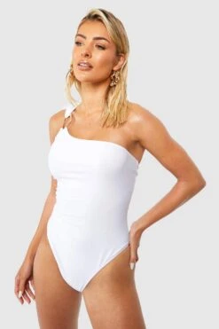 BOOHOO Gold Trim One Shoulder Swimsuit -Sea Vibe Together female white gold trim one shoulder swimsuit 2