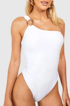 BOOHOO Gold Trim One Shoulder Swimsuit -Sea Vibe Together female white gold trim one shoulder swimsuit 3