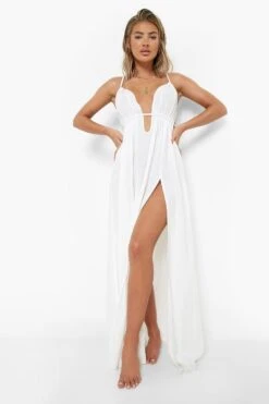 BOOHOO Linen Look Strappy Cut Out Beach Dress -Sea Vibe Together female white linen look strappy cut out beach dress 2