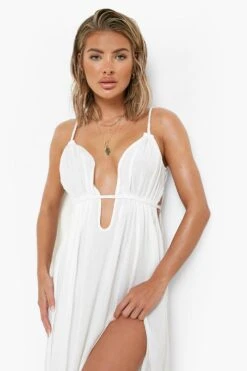 BOOHOO Linen Look Strappy Cut Out Beach Dress -Sea Vibe Together female white linen look strappy cut out beach dress 3