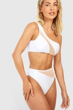 BOOHOO Mesh Insert One Shoulder Bikini Set