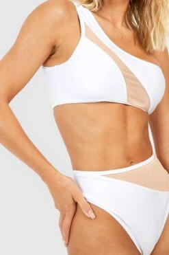 BOOHOO Mesh Insert One Shoulder Bikini Set 7 BOOHOO Mesh Insert One Shoulder Bikini Set -Sea Vibe Together female white mesh insert one shoulder bikini set 3