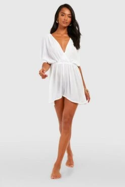 BOOHOO Petite Cheesecloth Beach Romper -Sea Vibe Together female white petite cheesecloth beach romper 2