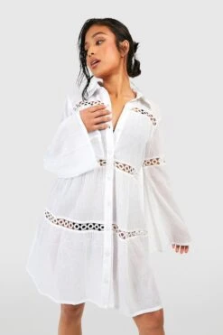 BOOHOO Petite Cheesecloth Trim Beach Shirt Dress -Sea Vibe Together female white petite cheesecloth trim beach shirt dress 2