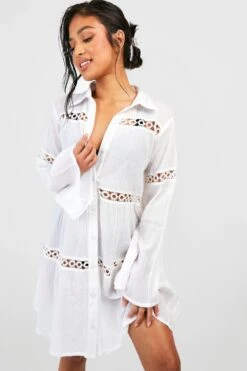 BOOHOO Petite Cheesecloth Trim Beach Shirt Dress