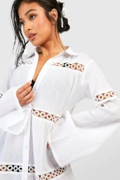 BOOHOO Petite Cheesecloth Trim Beach Shirt Dress -Sea Vibe Together female white petite cheesecloth trim beach shirt dress 3