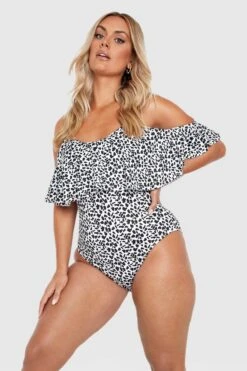 BOOHOO Plus Animal Drape Sleeve Swimsuit -Sea Vibe Together female white plus animal drape sleeve swimsuit 3